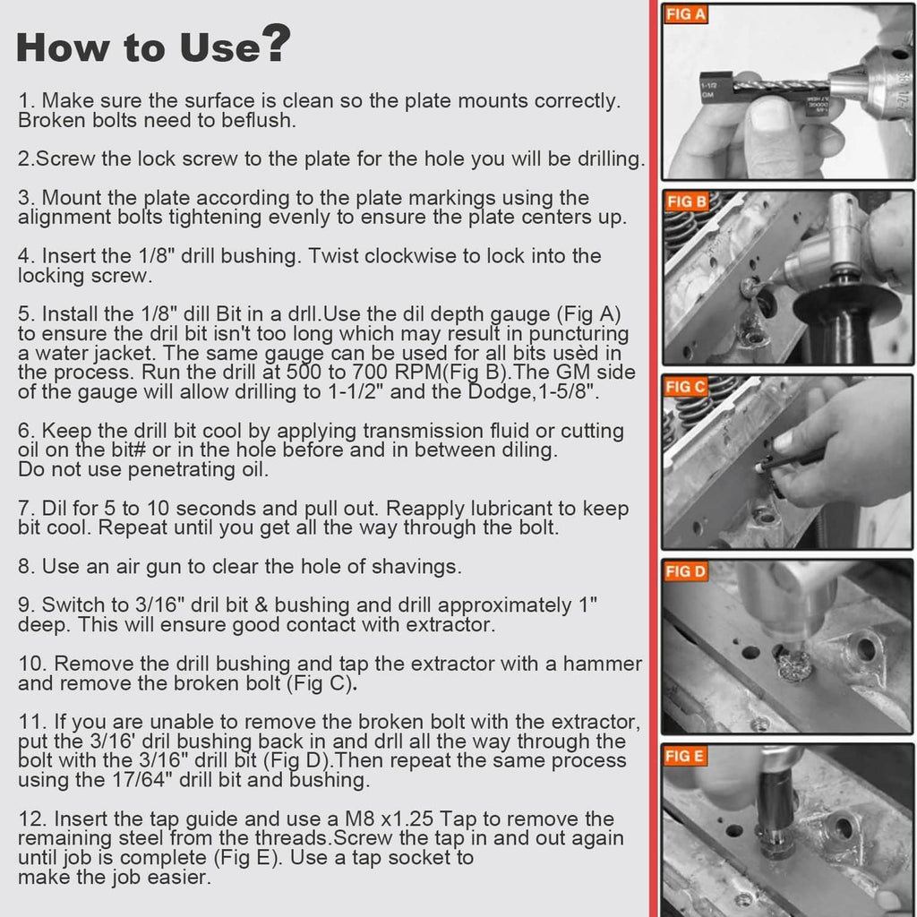 Manifold drill template kit instructions panel with step-by-step drilling guidance photos