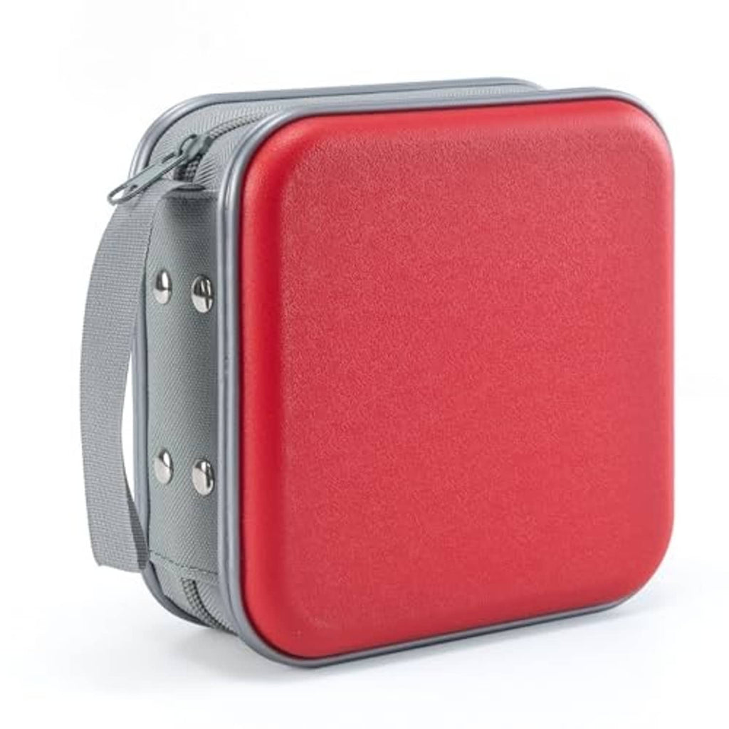 Hard plastic DVD case with red front, gray sides, and zipper closure