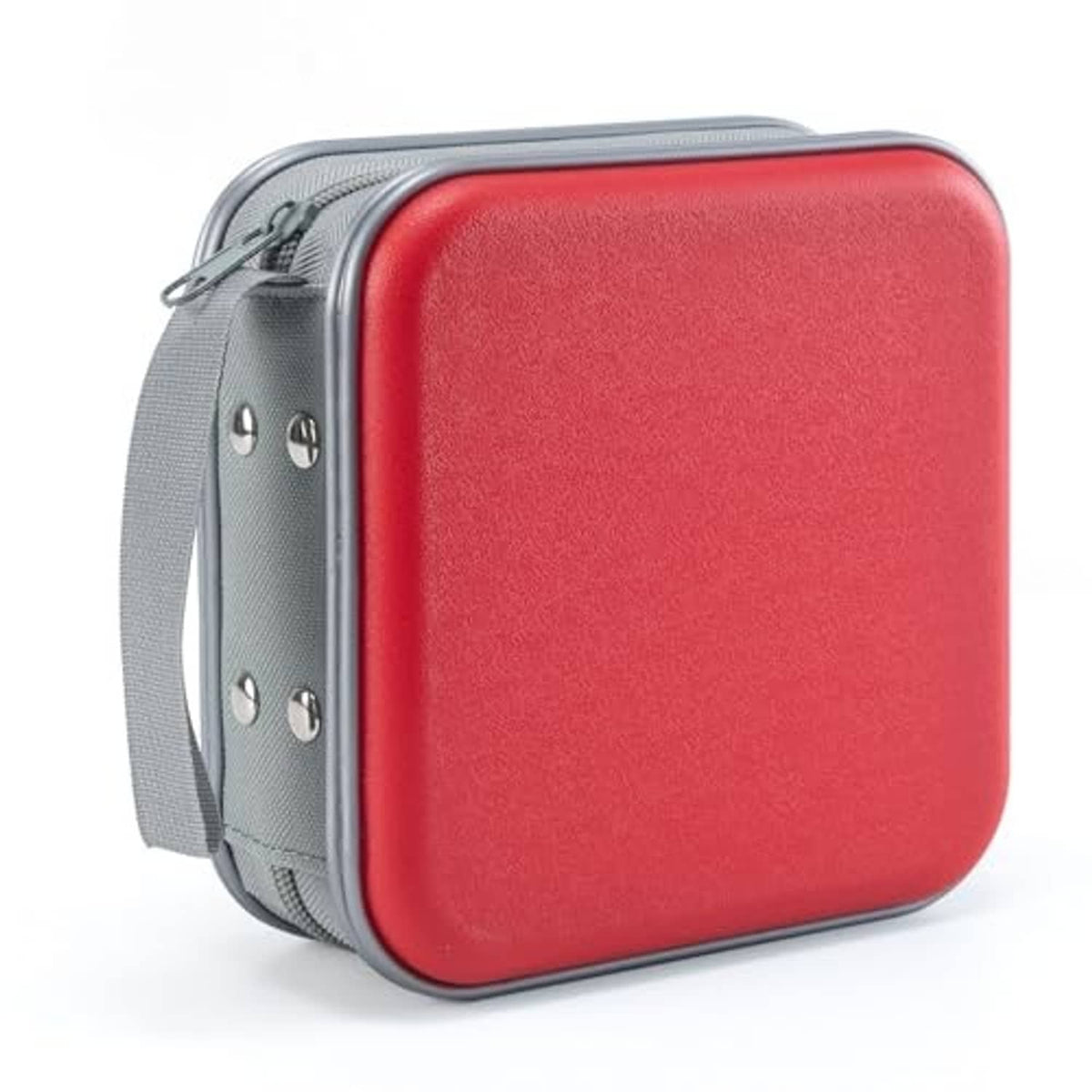 Hard plastic DVD case with red front, gray sides, and zipper closure