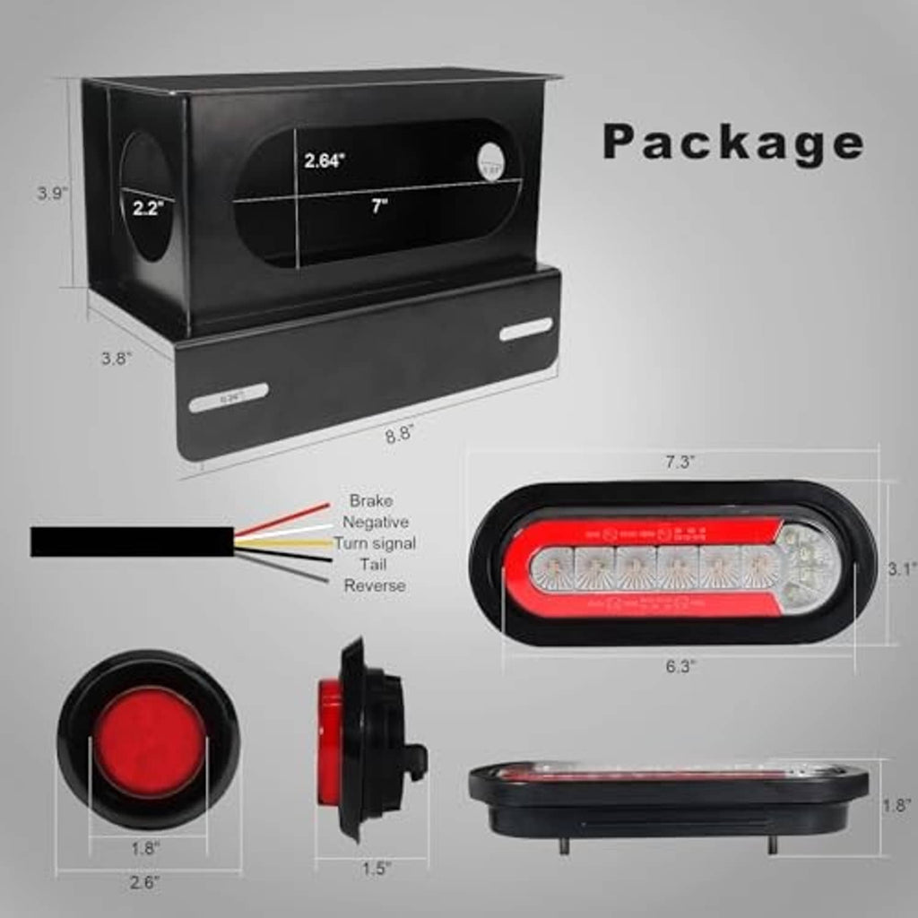 Black oval LED trailer light with mounting bracket, shown with overall dimensions