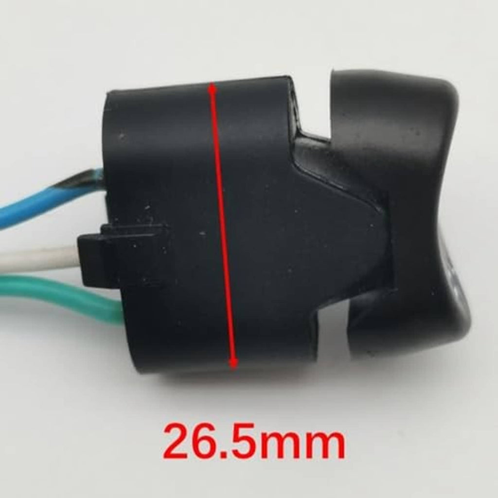 Black switch body with 26.5mm dimension marked and connected wires