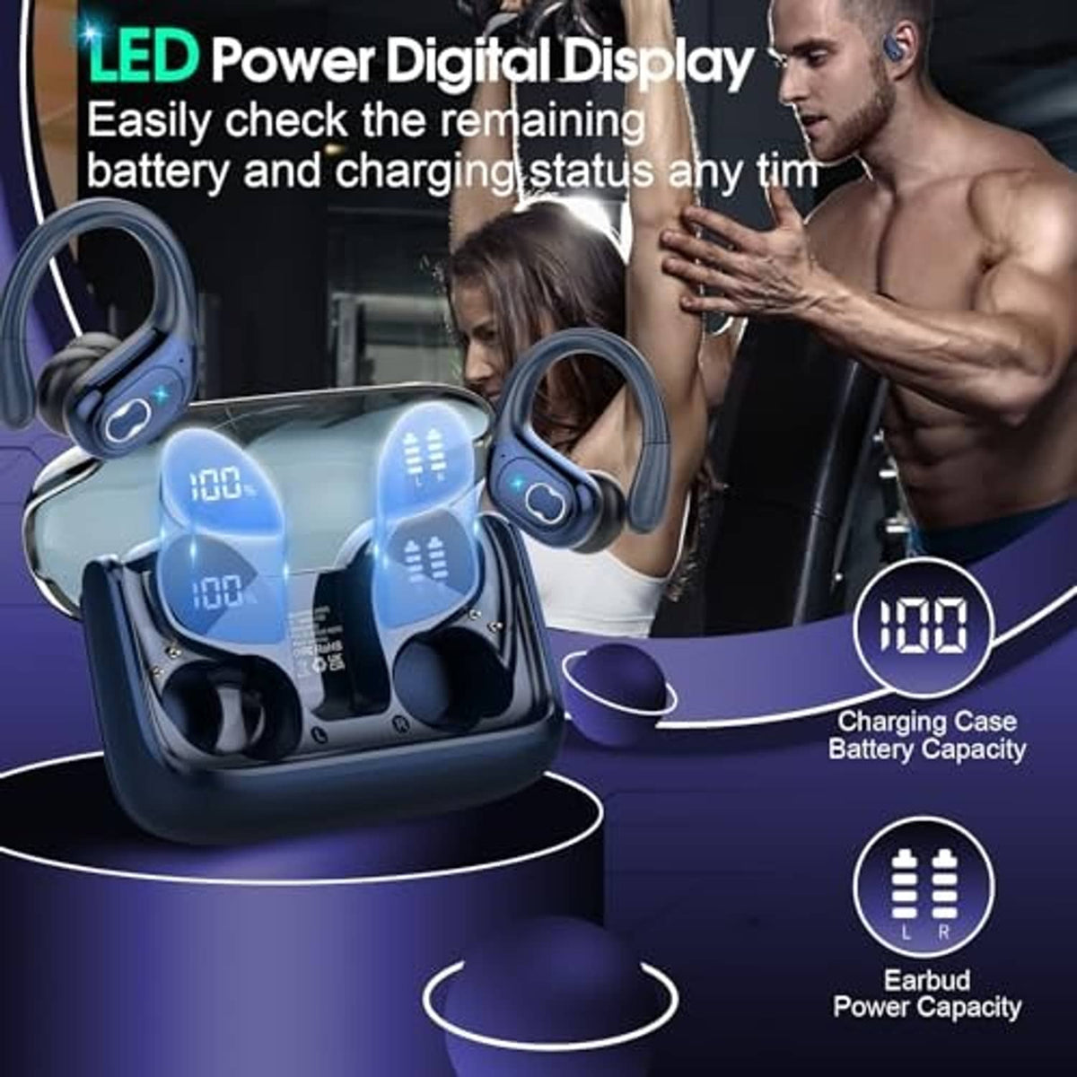 Dark blue wireless earbuds in open charging case with LED battery and charging icons