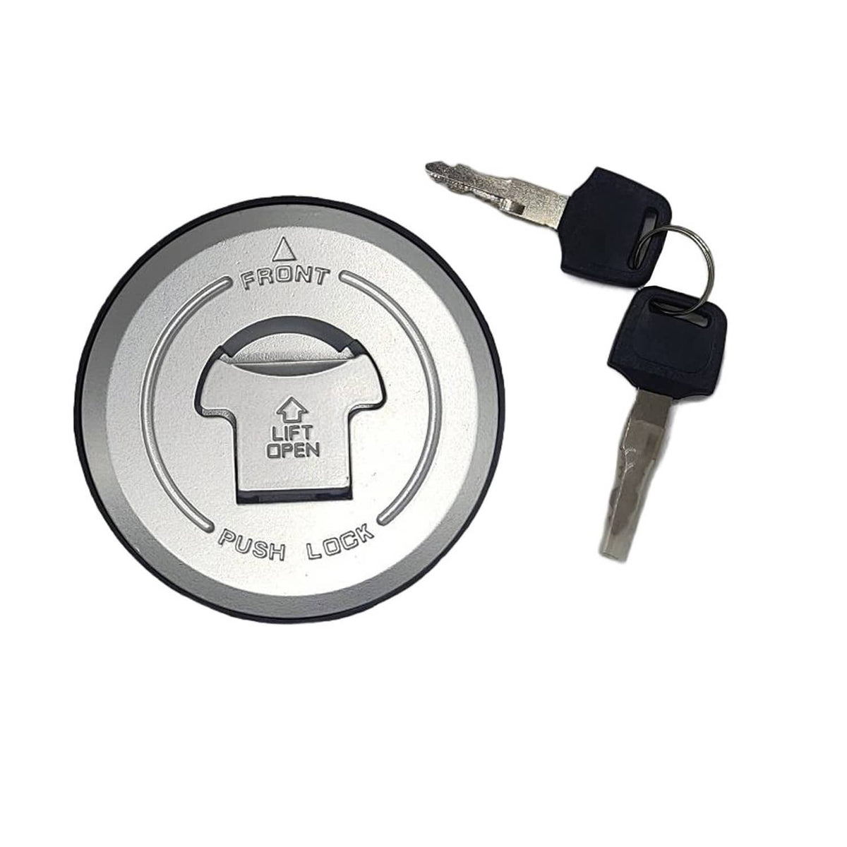 Fuel tank cap with front Push Lock markings and two keys, black lock trim
