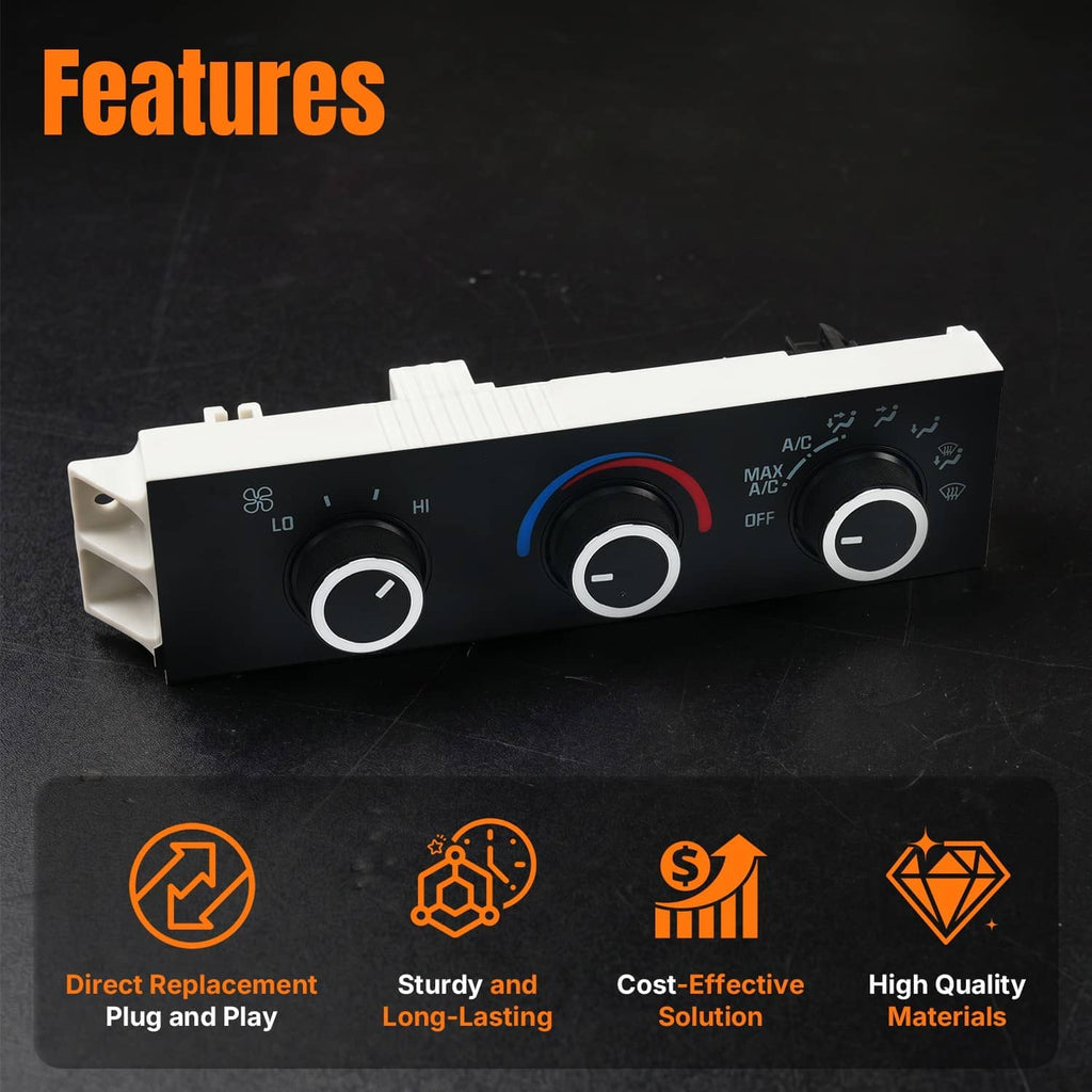 HVAC climate control module with black faceplate, three chrome knobs, and slider rings