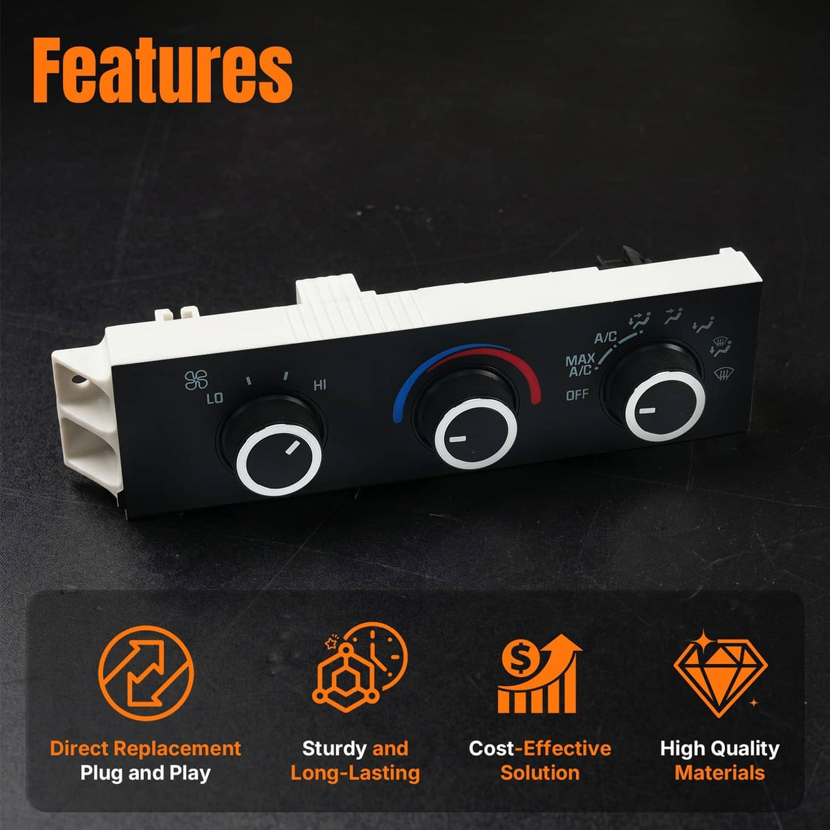 HVAC climate control module with black faceplate, three chrome knobs, and slider rings