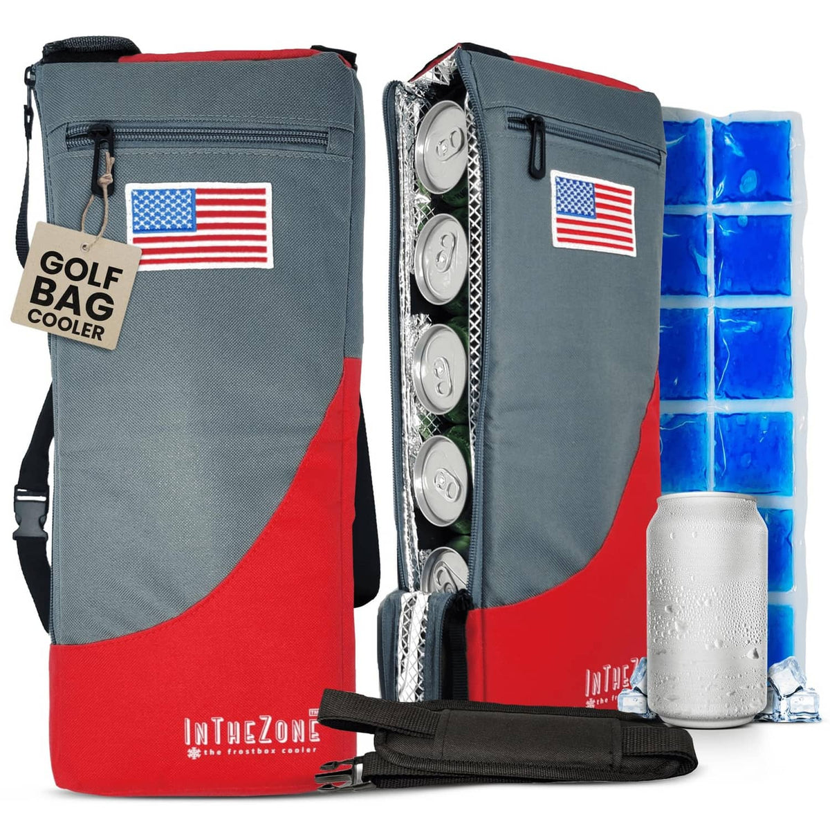Insulated slim golf bag cooler in gray with red bottom, front zip pocket and strap