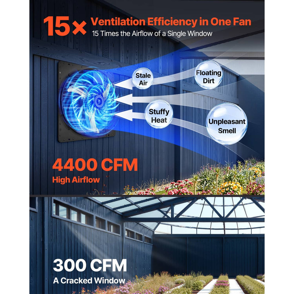 Shutter exhaust fan airflow efficiency diagram with circular fan illustration