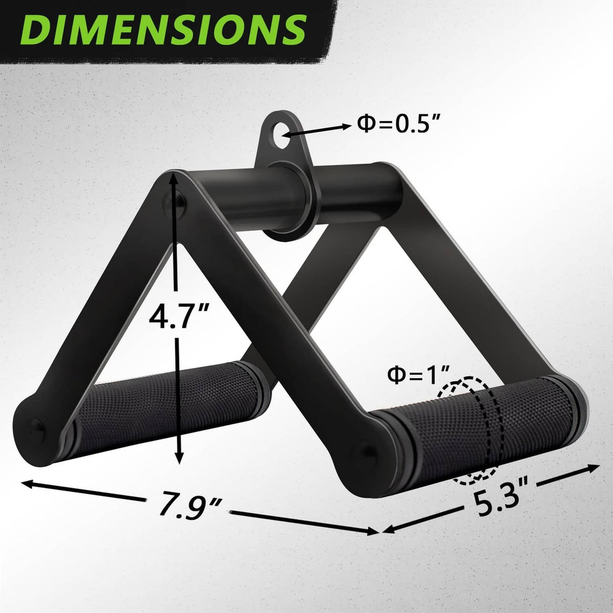 Black V bar cable row attachment with textured grips and central double D bracket