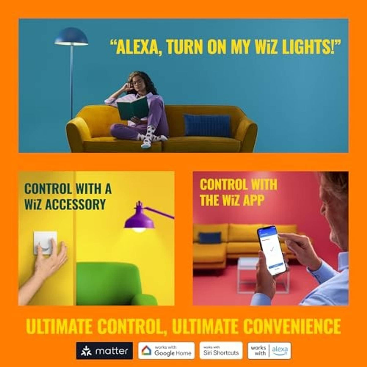 Smart LED bulb control with Alexa prompt and WiZ app on smartphone