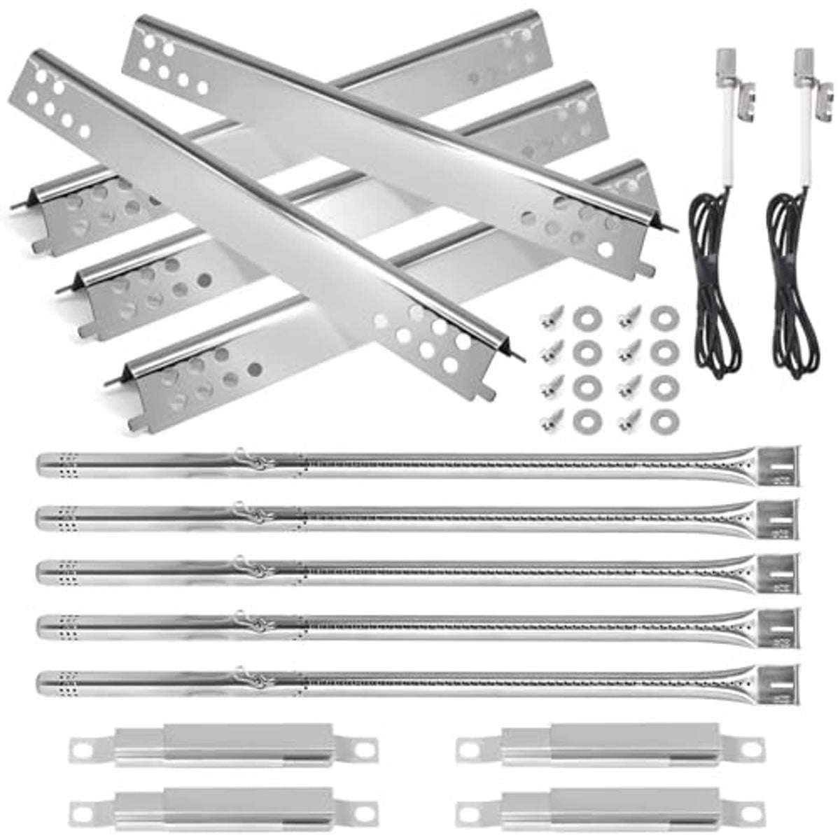 Stainless steel crossover tube set with mounting holes, bolts, and igniter wiring kit