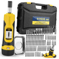 Torque screwdriver set with yellow/black handle, black case, and assorted metal bits