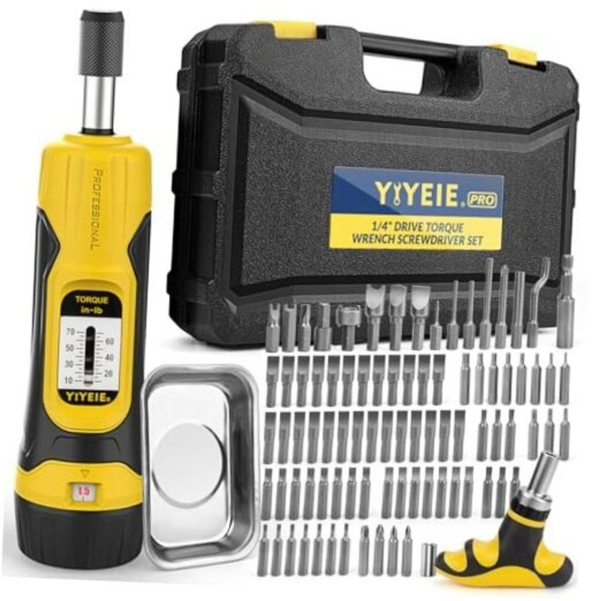 Torque screwdriver set with yellow/black handle, black case, and assorted metal bits
