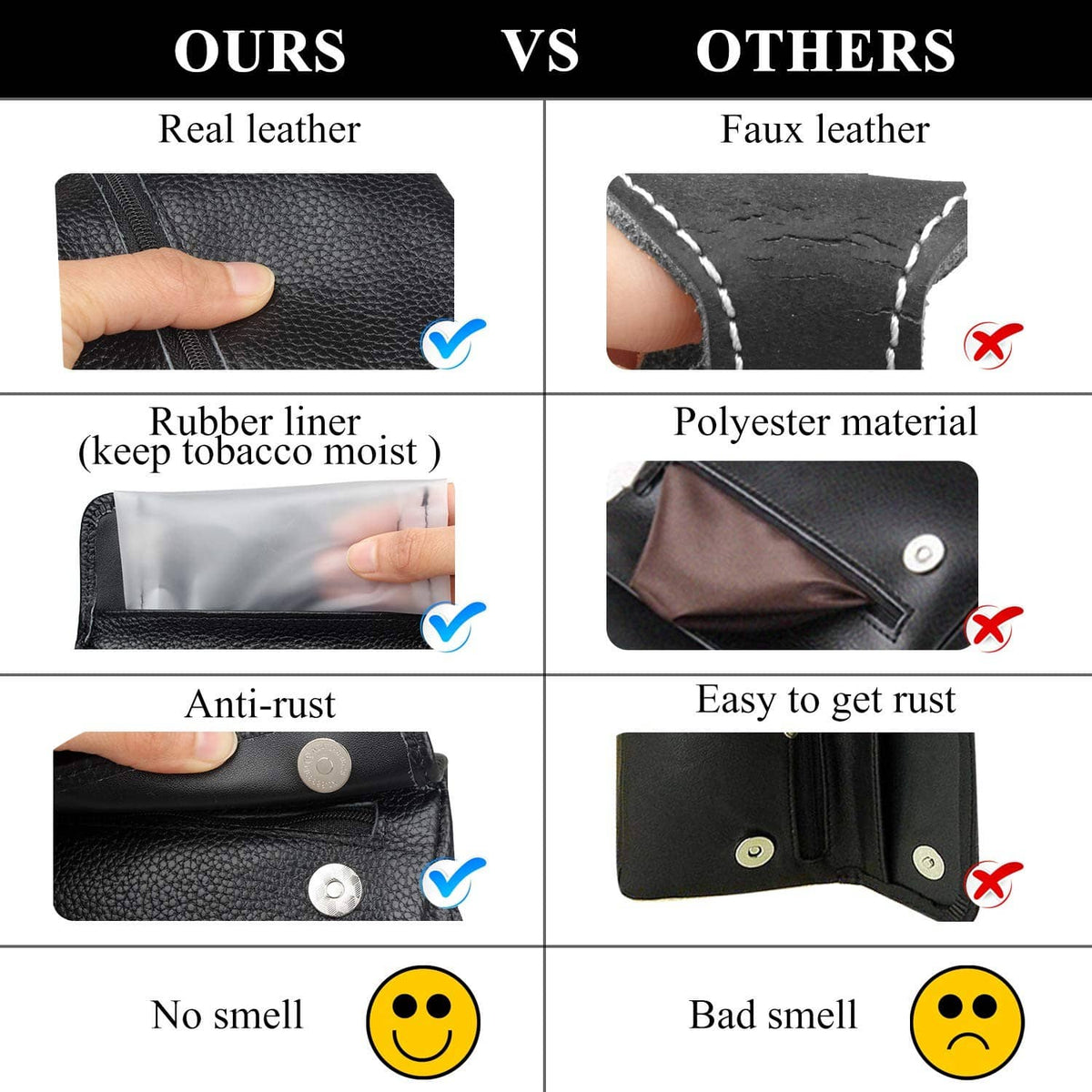 Black pebbled leather smoking pipe pouch with snap buttons and textured surface