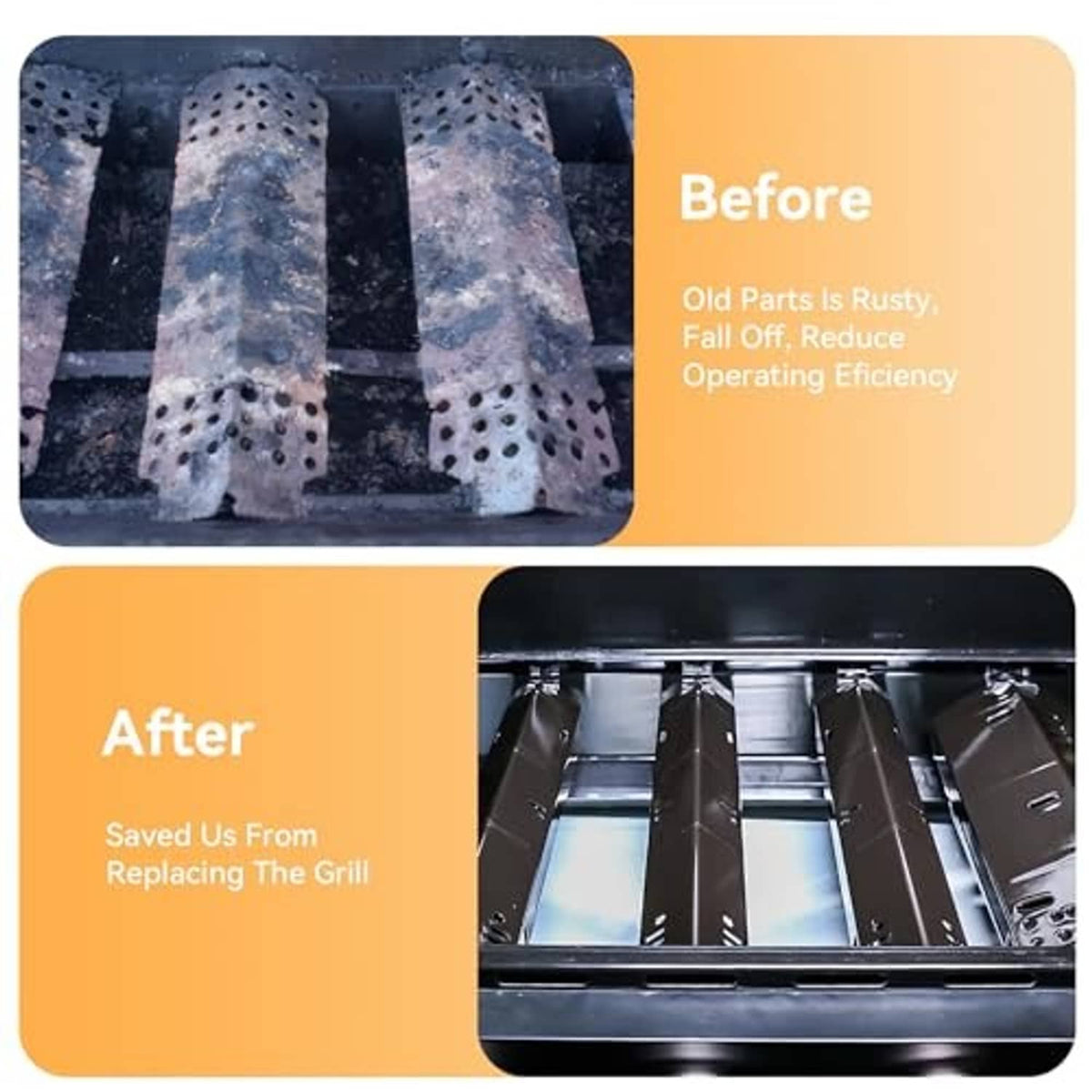 Replacement grill heat plates, black metal pieces shown replacing rusty parts