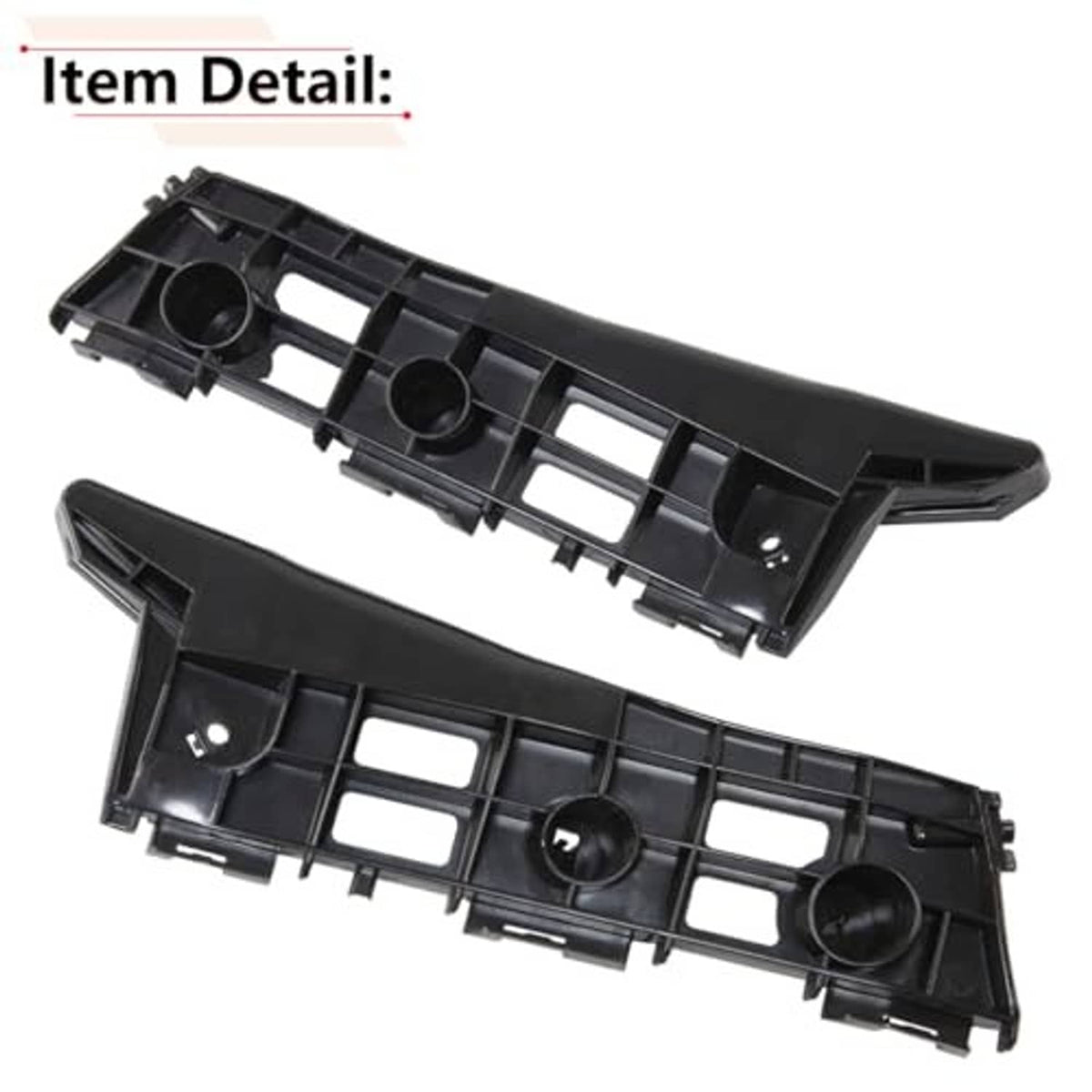 Black front bumper bracket components with circular openings and mounting tabs
