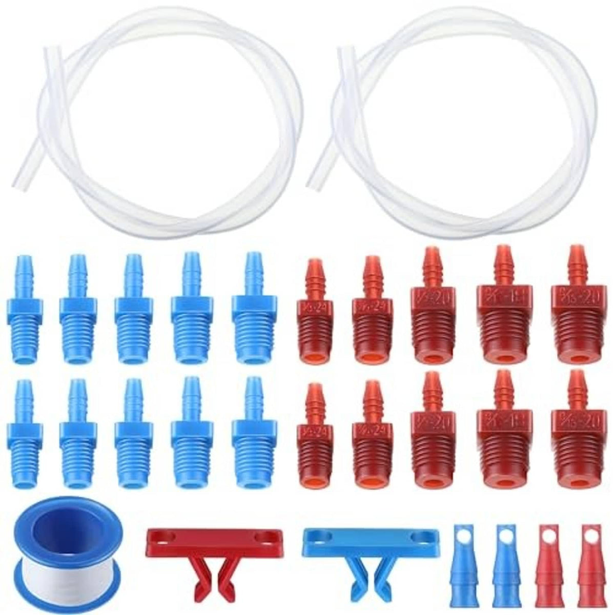 Master cylinder bleeder kit parts set with clear 22 in hose, blue/red tees, clips