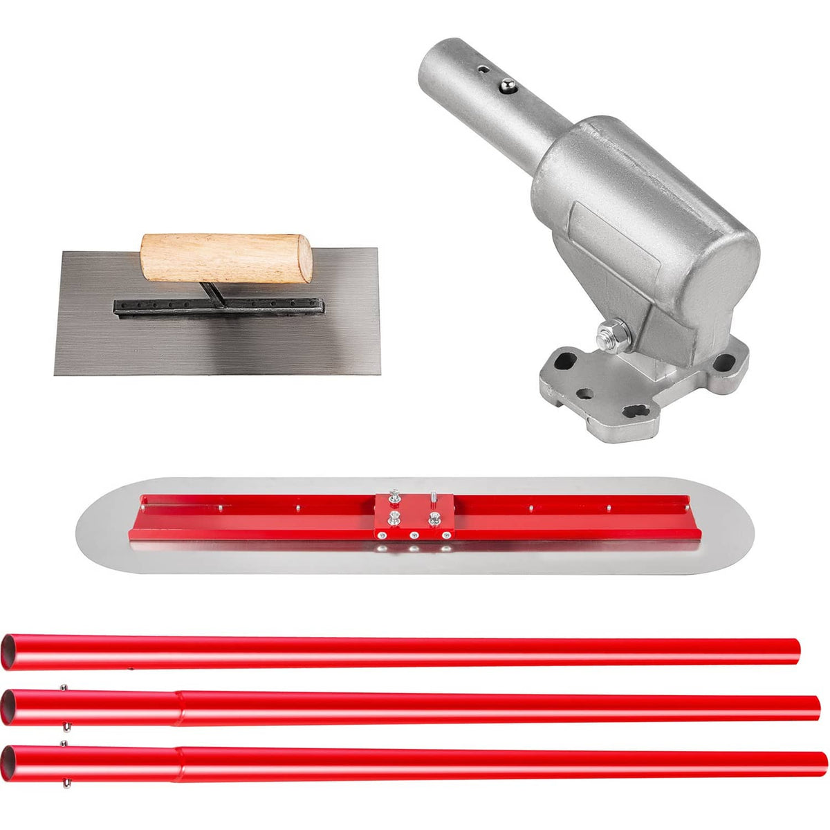 Concrete bull float with red smoothing deck, gray handle, and three red rod tubes