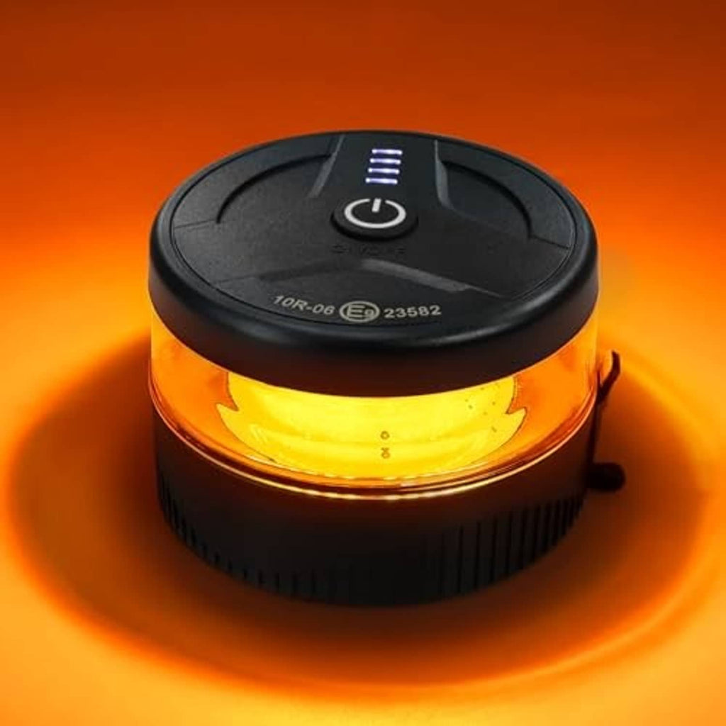 Amber LED strobe beacon light with black cylindrical housing and top power button