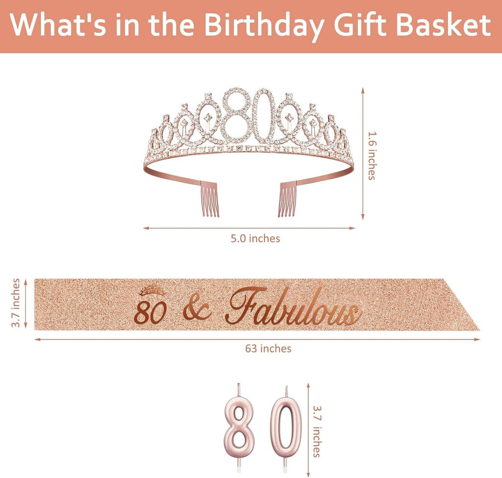 Rose gold 80th tiara and glitter sash with two 80 number candles and size guides