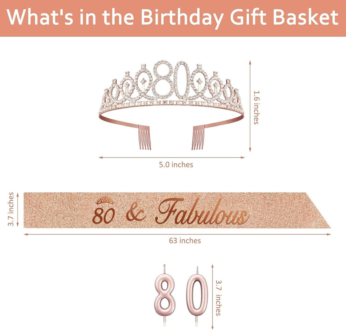 Rose gold 80th tiara and glitter sash with two 80 number candles and size guides