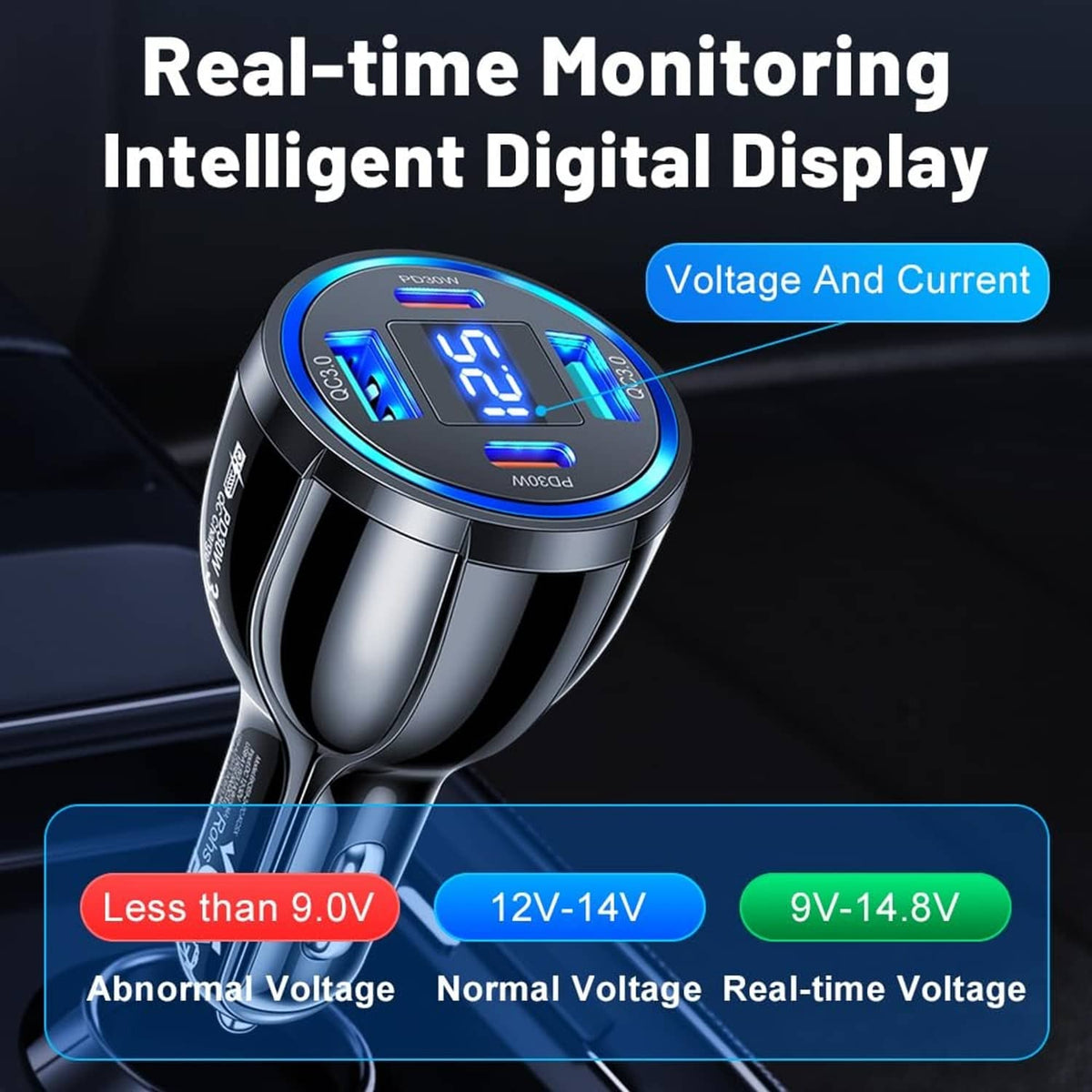 Black USB car phone charger with bright blue voltmeter reading on round face