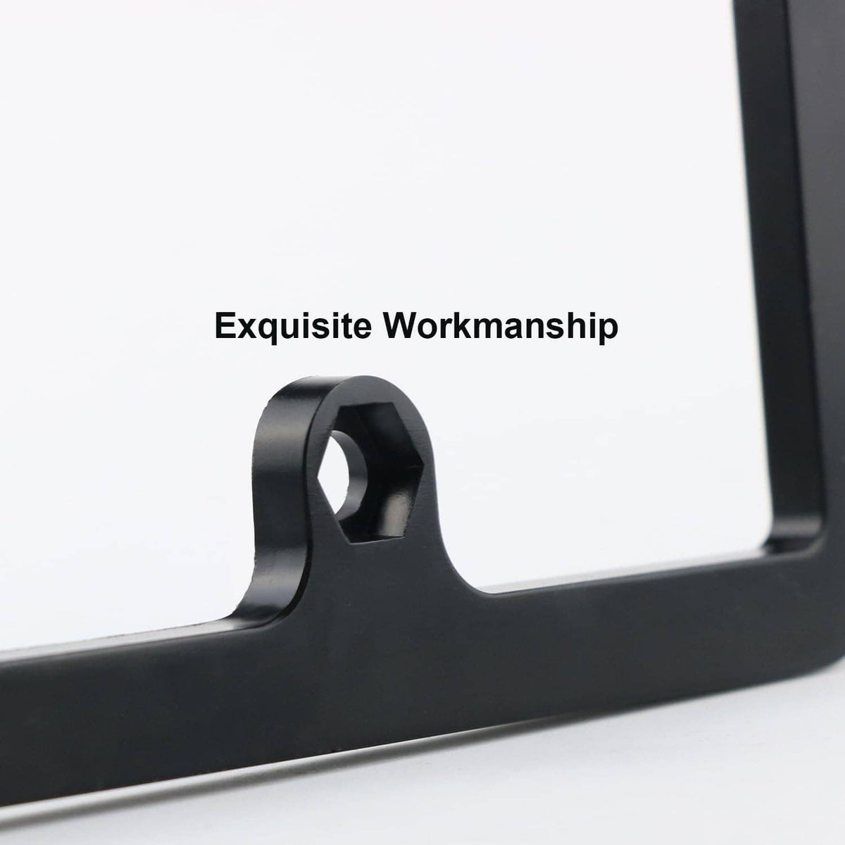 Close-up of black mounting bracket corner on license plate camera frame
