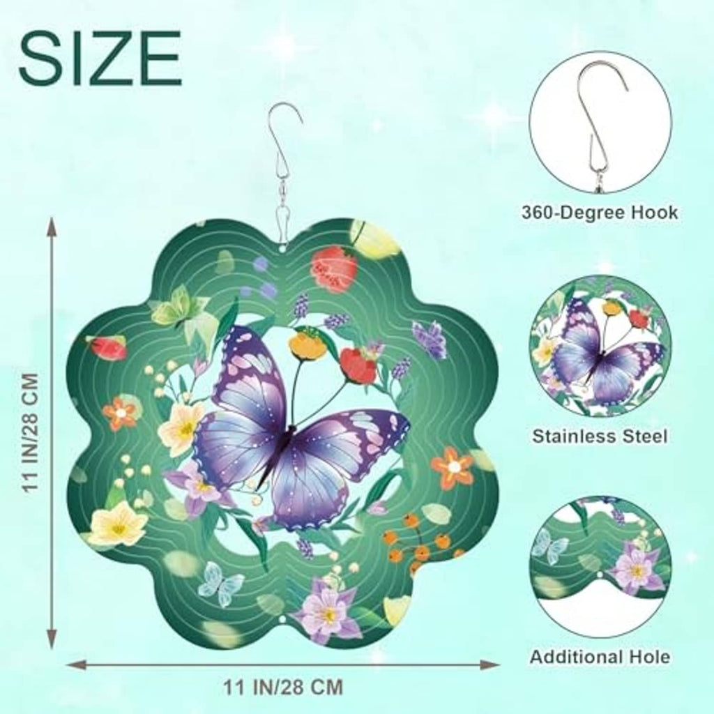Green butterfly wind spinner 11-inch size, stainless steel hook and hanging design