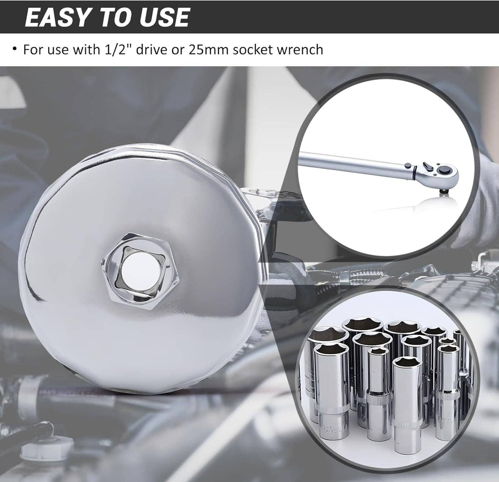 Chrome oil filter cap wrench socket with hex drive, plus included socket details