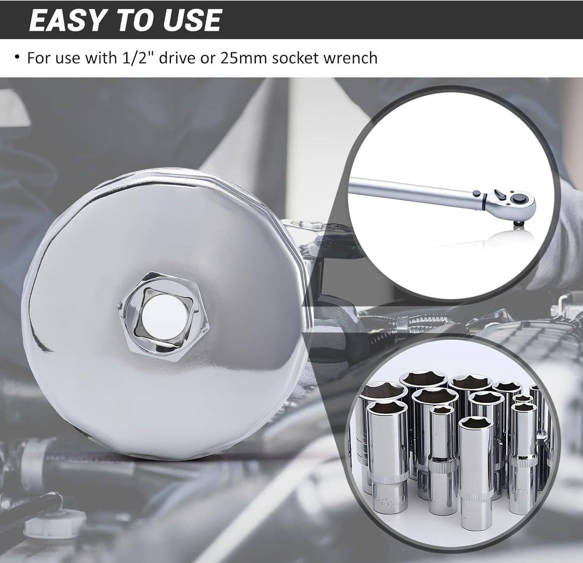 Chrome oil filter cap wrench socket with hex drive, plus included socket details