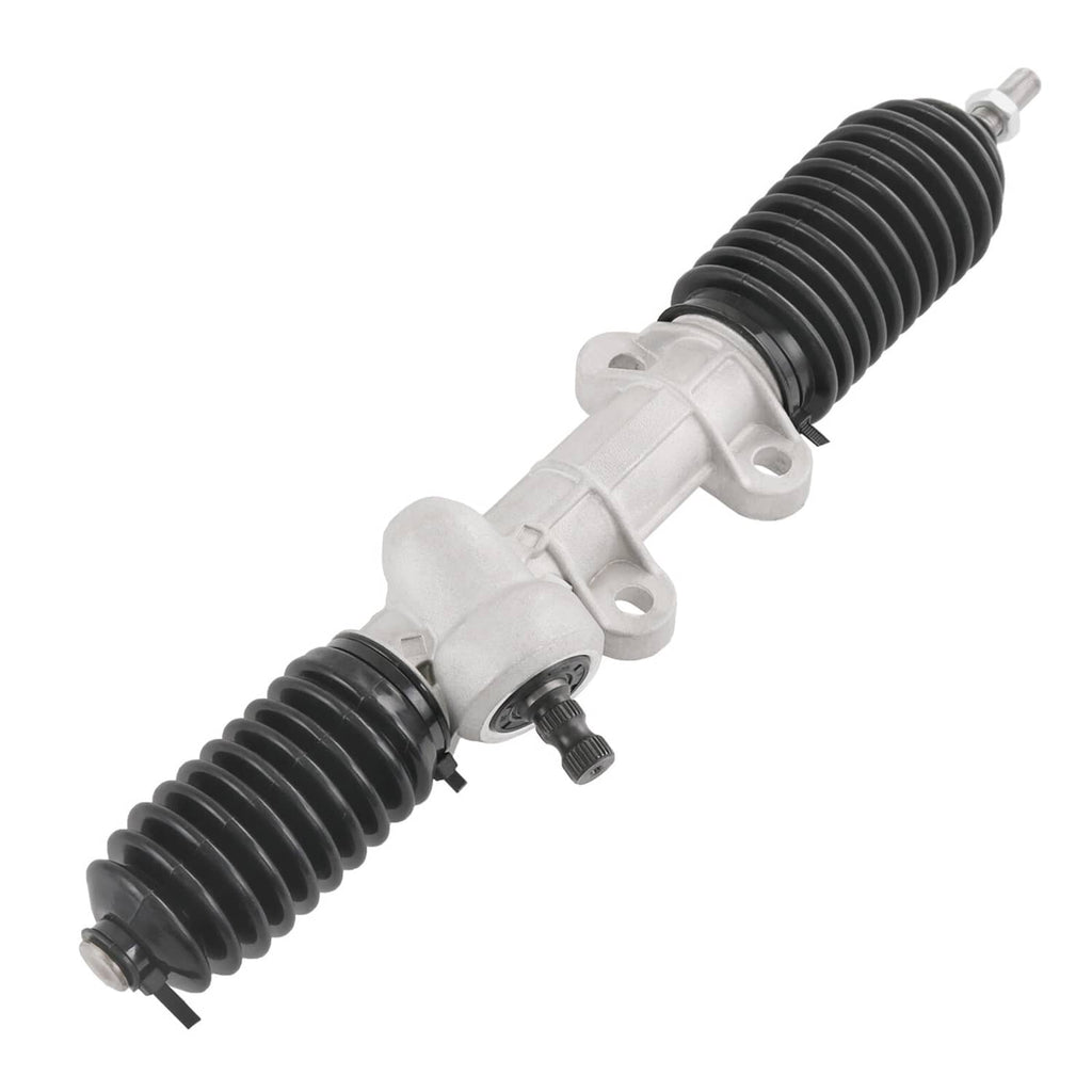 Rack-and-pinion steering gear box with black accordion bellows and mounting brackets