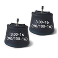 Pair of black dirt bike inner tubes with valve stems, marked 3.00-16 (90/100-16)