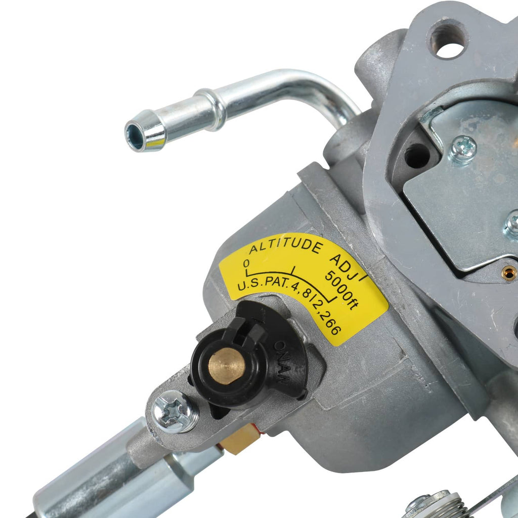 Carburetor side view with yellow label and fuel metering inlet port