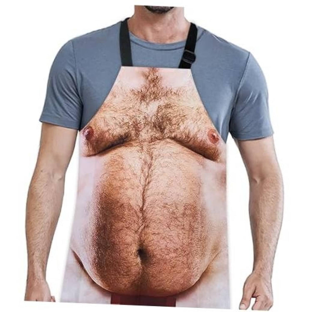 Funny novelty grilling apron with printed male torso, black neck and waist straps