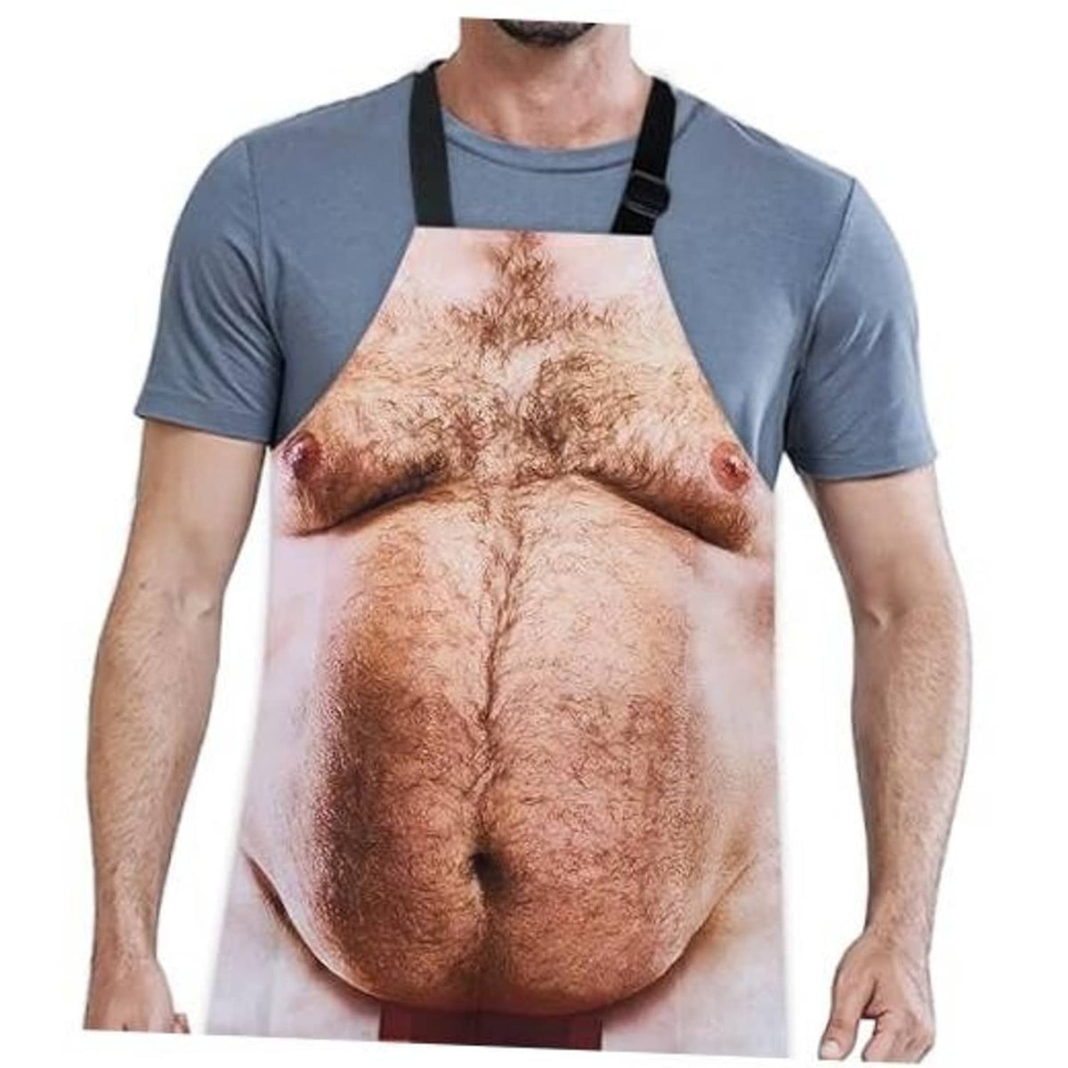 Funny novelty grilling apron with printed male torso, black neck and waist straps
