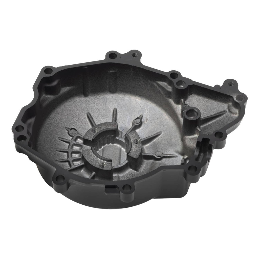 Left engine crankcase stator cover with circular stator opening and bolt holes
