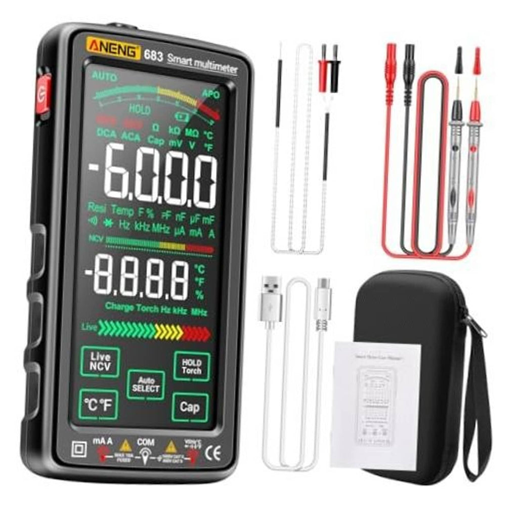 Black smart digital multimeter with large touch-screen display and red/black probe leads