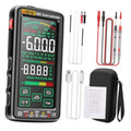 Black smart digital multimeter with large touch-screen display and red/black probe leads