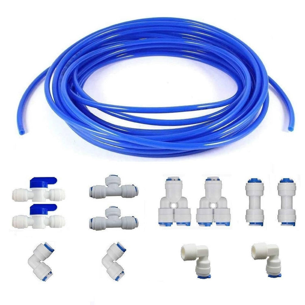 Blue 1/4in OD quick-connect tube with white RO fittings (assorted elbows)