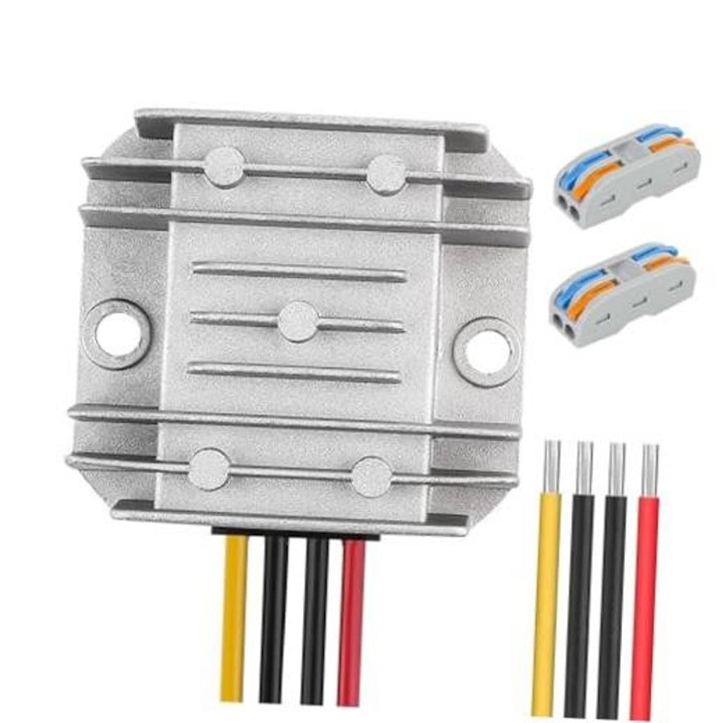 DC-DC voltage regulator with silver heatsink, color-coded wire leads, and two connector plugs