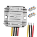 DC-DC voltage regulator with silver heatsink, color-coded wire leads, and two connector plugs