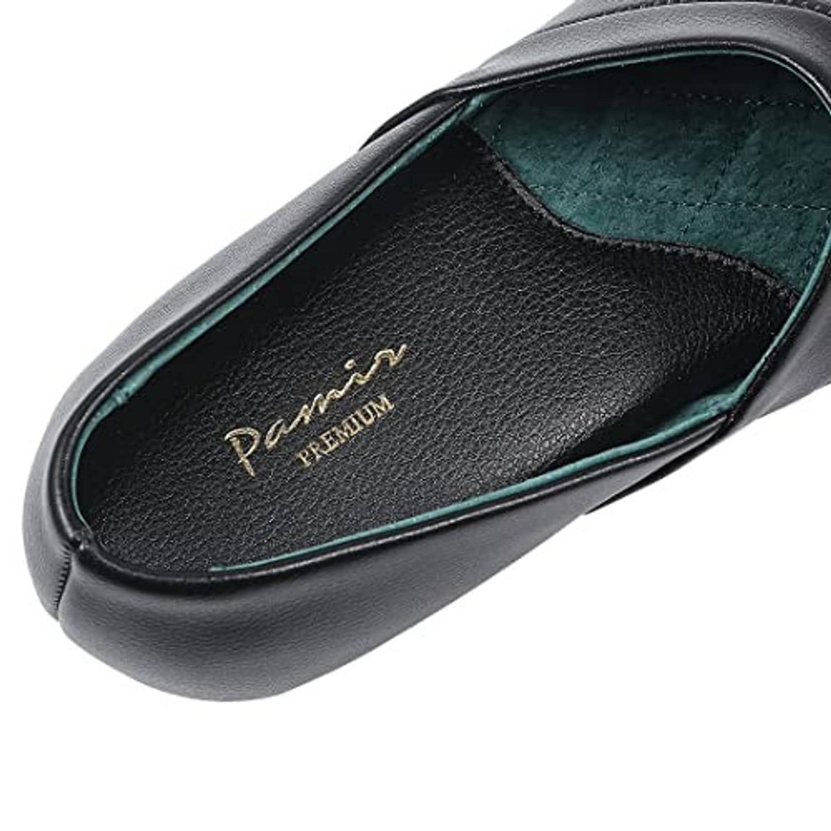 Black leather slipper insole with gold logo and teal trim around the edge