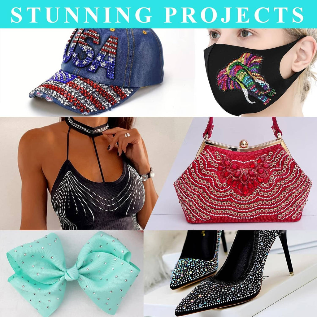 Rhinestone-decorated accessories: cap, face mask, purse, and high-top shoes