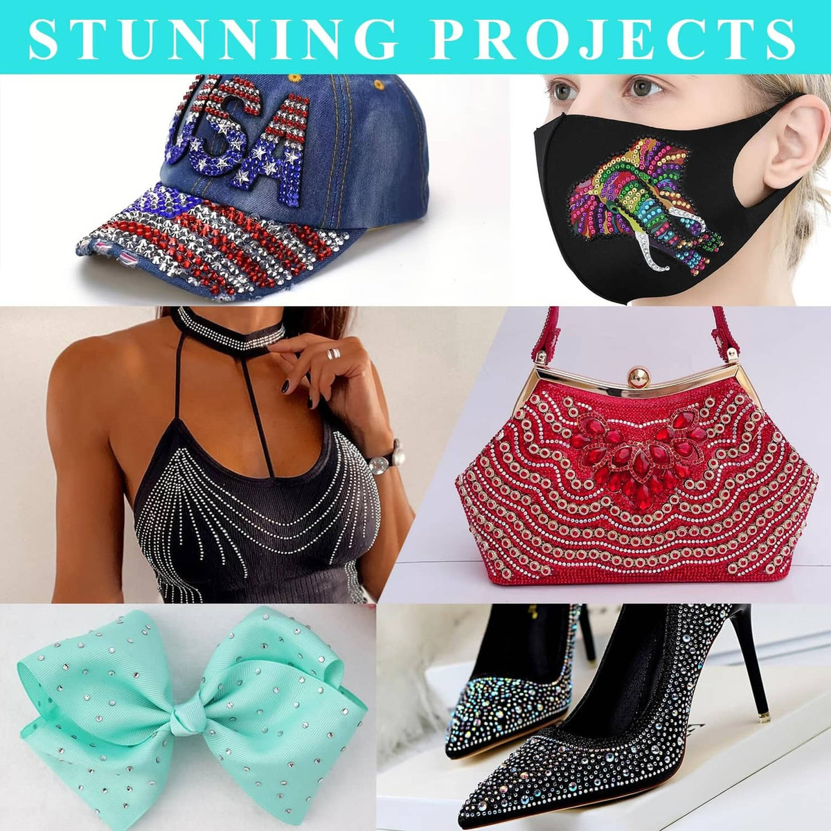 Rhinestone-decorated accessories: cap, face mask, purse, and high-top shoes