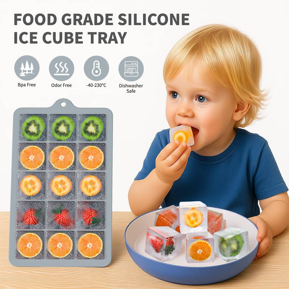 Food-grade silicone ice cube tray with square cavities, molded fruit-shaped ice cubes