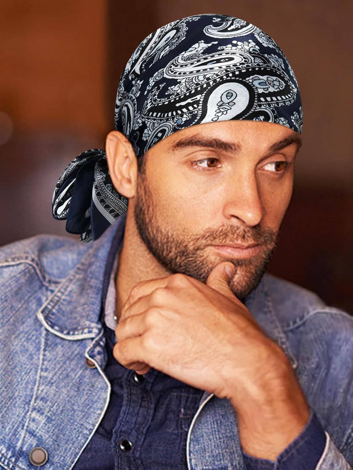 Navy patterned wild rag scarf and cap combo, scarf wrapped around the neck