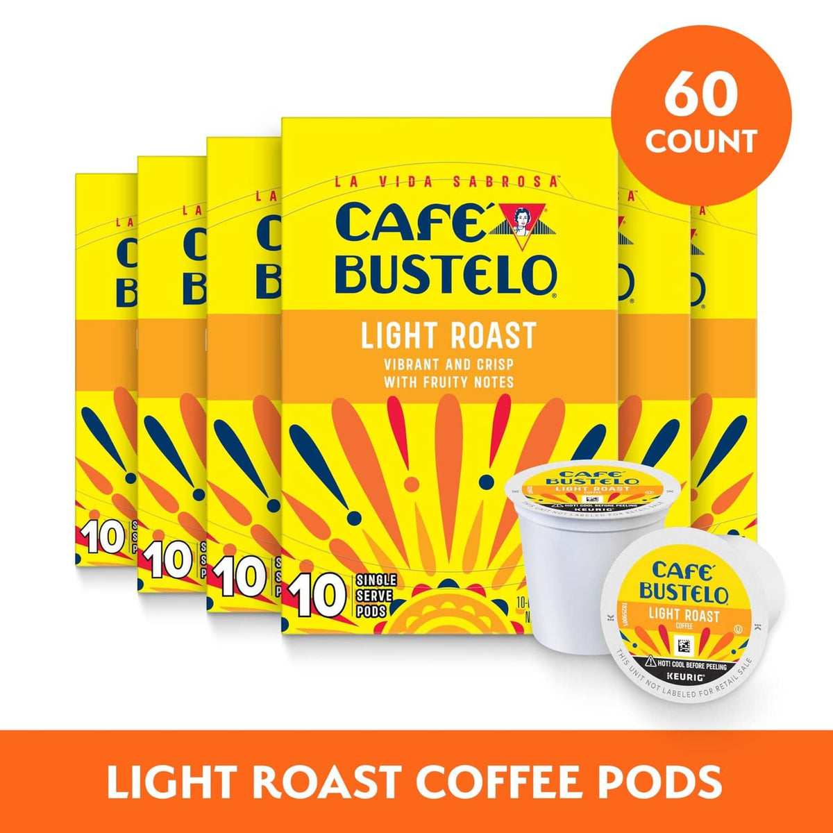 Cafe Bustelo Light Roast coffee pods, 60-count pack with single pod cup
