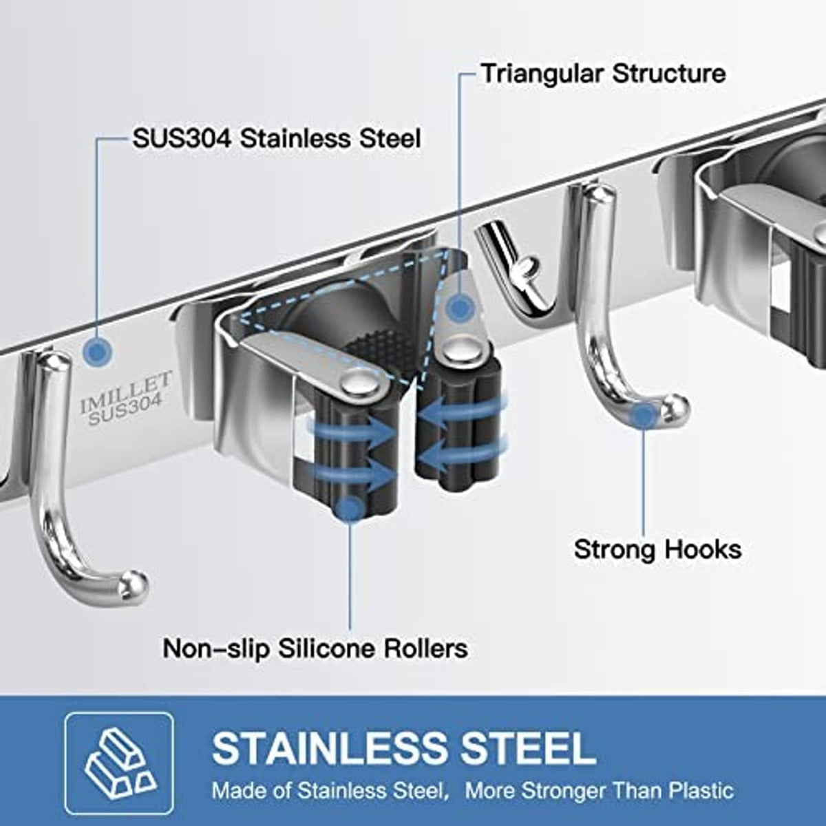 Stainless steel wall mount hooks with non-slip silicone rollers and strong gripping hooks