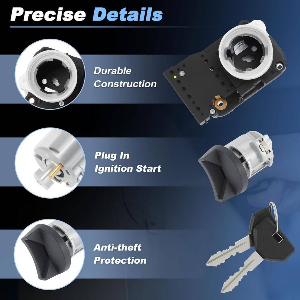 Ignition switch lock cylinder parts with key, showing durable housing and metal insert.