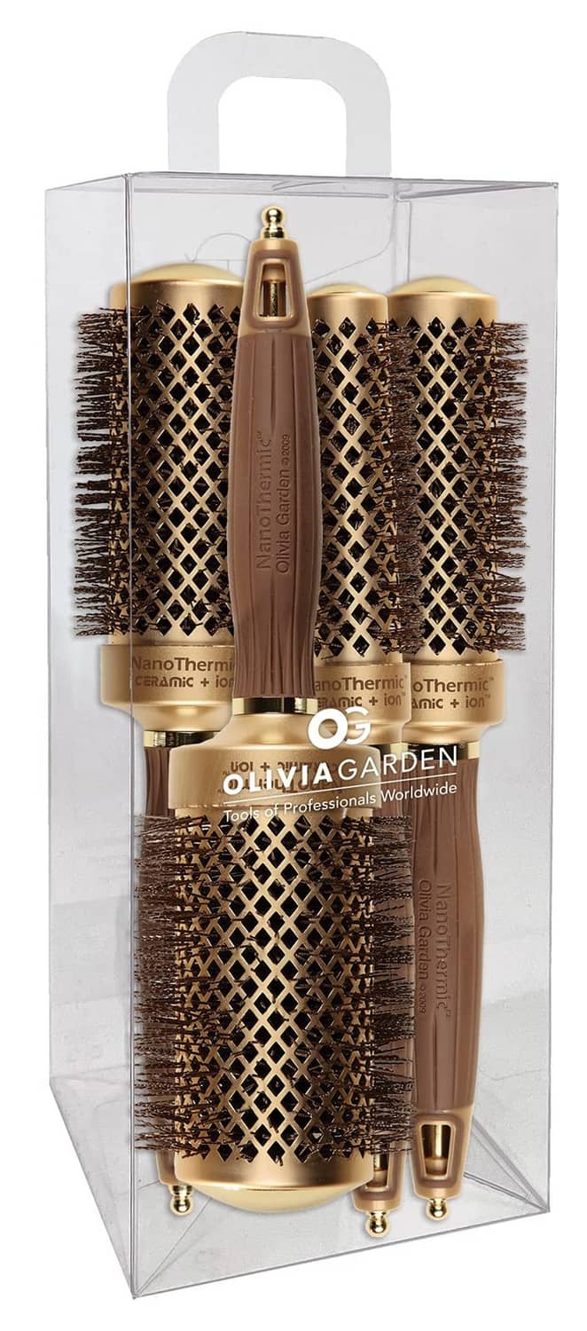 4-piece round hair brush set with NanoThermic barrels, gold and chocolate, in clear box.
