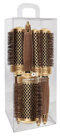 4-piece round hair brush set with NanoThermic barrels, gold and chocolate, in clear box.